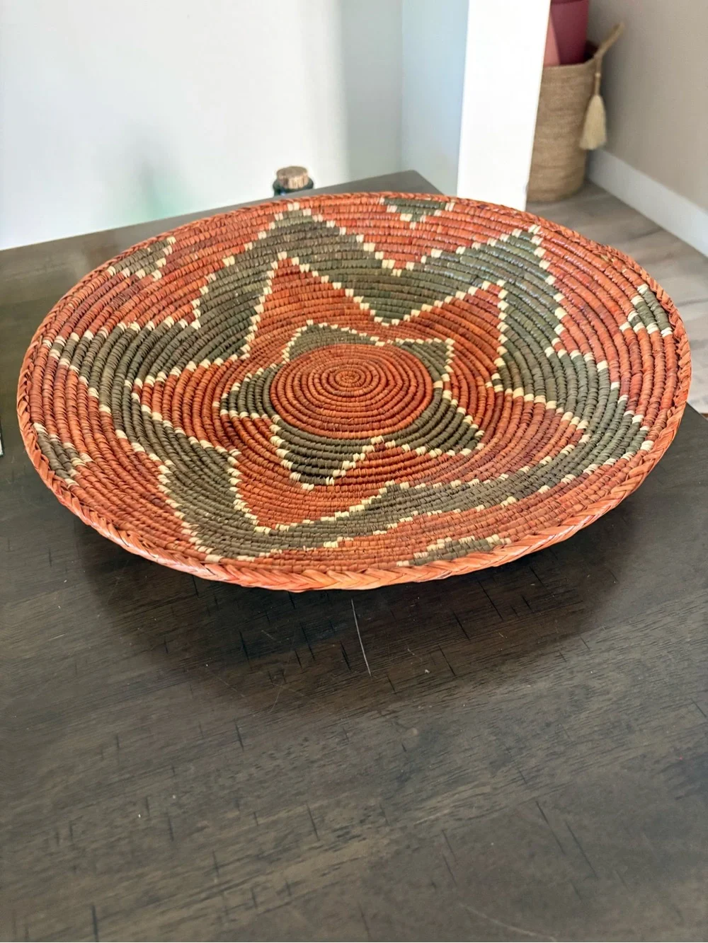 Handwoven Orange and Olive Star Pattern Decorative Basket - Home Accents